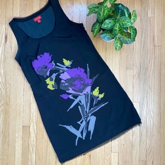 ELLE Black Sleeveless Floral Gemstone Graphic Dress with Fringed Hem Size XS - Picture 1 of 12